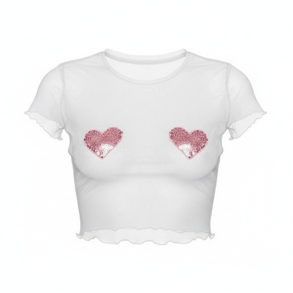 New XS Mesh Crop Top White Pastie Pink Heart Applique Nipple Rave Festival Sexy